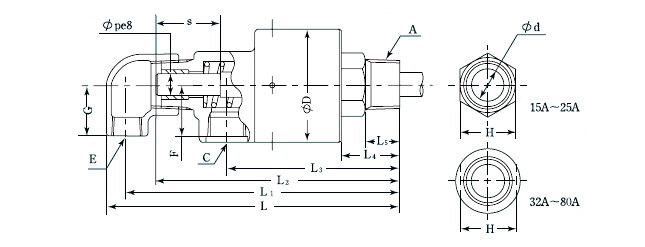 圧力回転継手パールロータリージョイント RXE5000（複式内管回転ネジ取付式） 外形図
