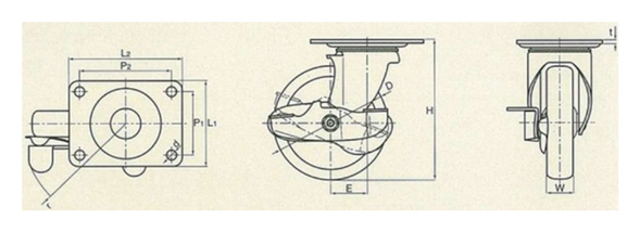 スタンダードクラス 100PRs トラック型 ストッパー付 合成ゴム車輪 外形図